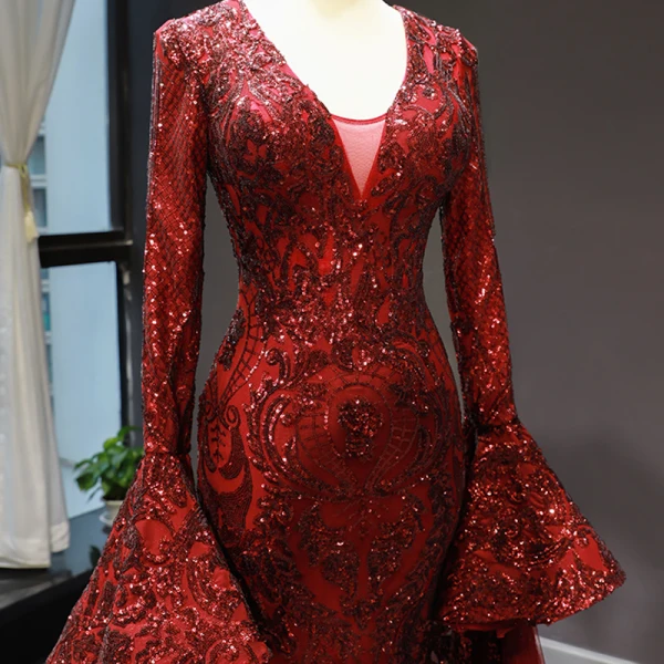 Fashion Burgundy Red Carpet Evening Dresses  2023 Trumpet / Mermaid Deep V-Neck Long Sleeve Bell sleeves Sequins Court Train Ruffle Backless Formal Dresses