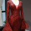 Fashion Burgundy Red Carpet Evening Dresses  2023 Trumpet / Mermaid Deep V-Neck Long Sleeve Bell sleeves Sequins Court Train Ruffle Backless Formal Dresses