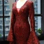 Fashion Burgundy Red Carpet Evening Dresses  2023 Trumpet / Mermaid Deep V-Neck Long Sleeve Bell sleeves Sequins Court Train Ruffle Backless Formal Dresses