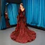 Fashion Burgundy Red Carpet Evening Dresses  2023 Trumpet / Mermaid Deep V-Neck Long Sleeve Bell sleeves Sequins Court Train Ruffle Backless Formal Dresses