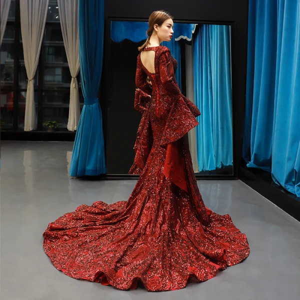 Fashion Burgundy Red Carpet Evening Dresses  2023 Trumpet / Mermaid Deep V-Neck Long Sleeve Bell sleeves Sequins Court Train Ruffle Backless Formal Dresses