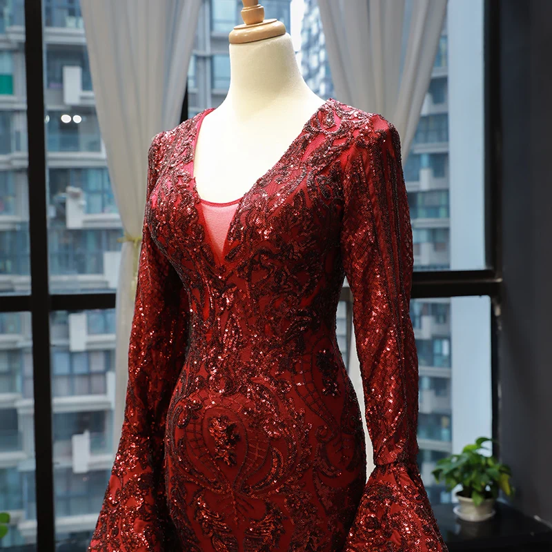 Fashion Burgundy Red Carpet Evening Dresses 2023 Trumpet Mermaid Deep V  Neck Long Sleeve Bell Sleeves Sequins Court Train Ruffle Backless Formal  Dresses