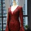 Fashion Burgundy Red Carpet Evening Dresses  2023 Trumpet / Mermaid Deep V-Neck Long Sleeve Bell sleeves Sequins Court Train Ruffle Backless Formal Dresses