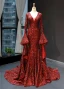 Fashion Burgundy Red Carpet Evening Dresses  2023 Trumpet / Mermaid Deep V-Neck Long Sleeve Bell sleeves Sequins Court Train Ruffle Backless Formal Dresses
