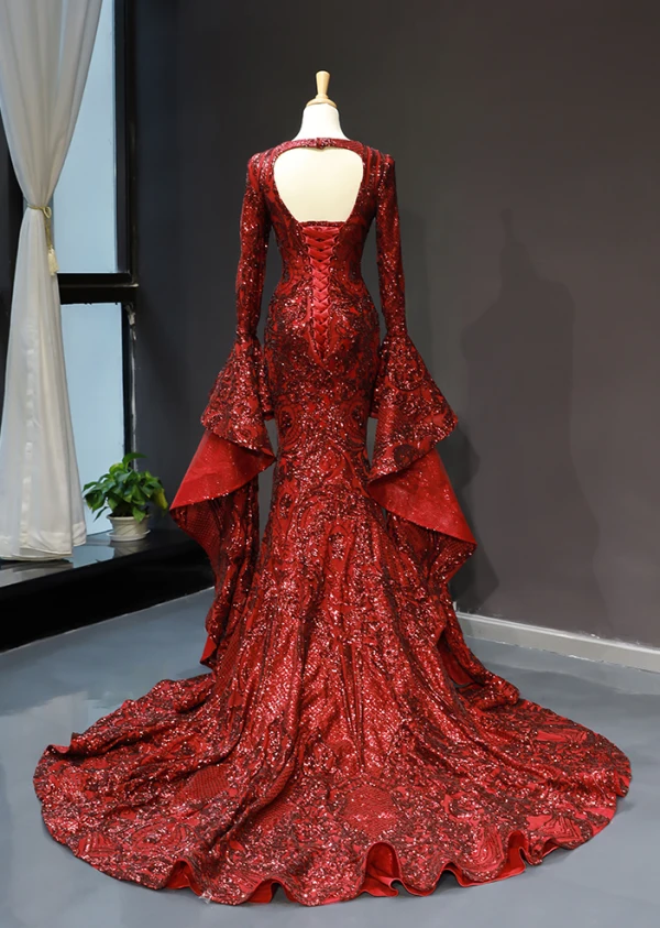 Fashion Burgundy Red Carpet Evening Dresses  2023 Trumpet / Mermaid Deep V-Neck Long Sleeve Bell sleeves Sequins Court Train Ruffle Backless Formal Dresses