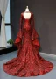 Fashion Burgundy Red Carpet Evening Dresses  2023 Trumpet / Mermaid Deep V-Neck Long Sleeve Bell sleeves Sequins Court Train Ruffle Backless Formal Dresses