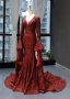 Fashion Burgundy Red Carpet Evening Dresses  2023 Trumpet / Mermaid Deep V-Neck Long Sleeve Bell sleeves Sequins Court Train Ruffle Backless Formal Dresses