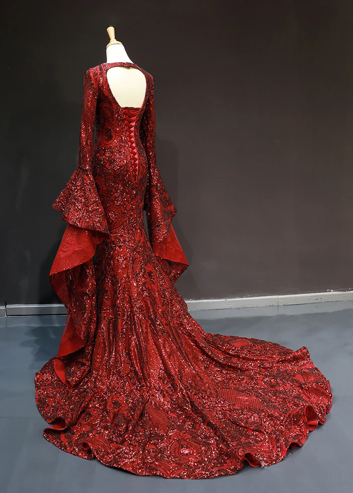 Fashion Burgundy Red Carpet Evening Dresses 2023 Trumpet Mermaid Deep V  Neck Long Sleeve Bell Sleeves Sequins Court Train Ruffle Backless Formal  Dresses