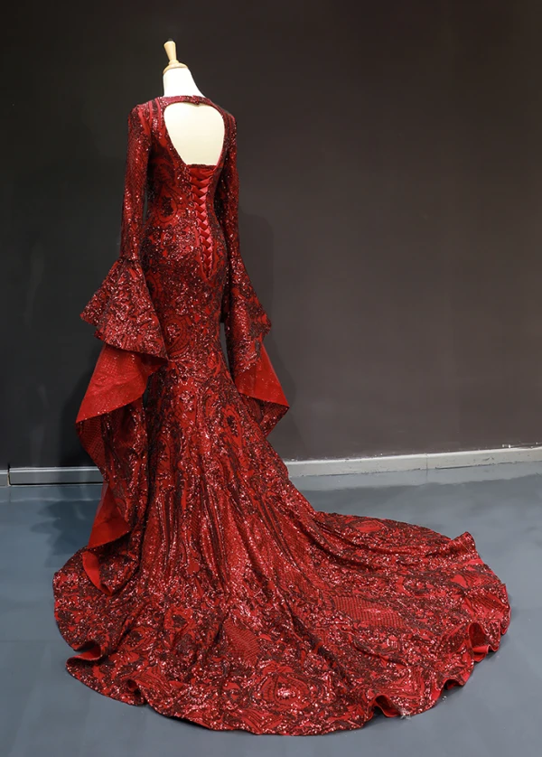 Fashion Burgundy Red Carpet Evening Dresses  2023 Trumpet / Mermaid Deep V-Neck Long Sleeve Bell sleeves Sequins Court Train Ruffle Backless Formal Dresses