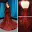 Fashion Burgundy Red Carpet Evening Dresses  2023 Trumpet / Mermaid Deep V-Neck Long Sleeve Bell sleeves Sequins Court Train Ruffle Backless Formal Dresses