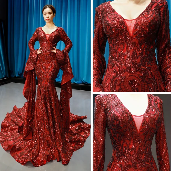 Fashion Burgundy Red Carpet Evening Dresses  2023 Trumpet / Mermaid Deep V-Neck Long Sleeve Bell sleeves Sequins Court Train Ruffle Backless Formal Dresses