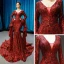 Fashion Burgundy Red Carpet Evening Dresses  2023 Trumpet / Mermaid Deep V-Neck Long Sleeve Bell sleeves Sequins Court Train Ruffle Backless Formal Dresses