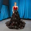 Luxury / Gorgeous Red Black Suede Evening Dresses  2023 A-Line / Princess Deep V-Neck Sleeveless Glitter Appliques Lace Chapel Train Ruffle Backless