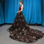 Luxury / Gorgeous Red Black Suede Evening Dresses  2023 A-Line / Princess Deep V-Neck Sleeveless Glitter Appliques Lace Chapel Train Ruffle Backless