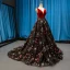 Luxury / Gorgeous Red Black Suede Evening Dresses  2023 A-Line / Princess Deep V-Neck Sleeveless Glitter Appliques Lace Chapel Train Ruffle Backless