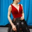 Luxury / Gorgeous Red Black Suede Evening Dresses  2023 A-Line / Princess Deep V-Neck Sleeveless Glitter Appliques Lace Chapel Train Ruffle Backless