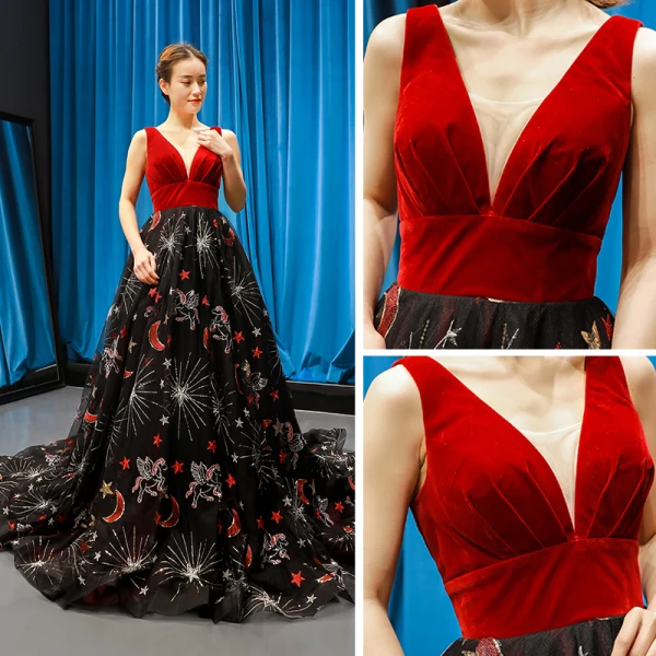 Luxury / Gorgeous Red Black Suede Evening Dresses  2023 A-Line / Princess Deep V-Neck Sleeveless Glitter Appliques Lace Chapel Train Ruffle Backless