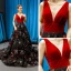 Luxury / Gorgeous Red Black Suede Evening Dresses  2023 A-Line / Princess Deep V-Neck Sleeveless Glitter Appliques Lace Chapel Train Ruffle Backless