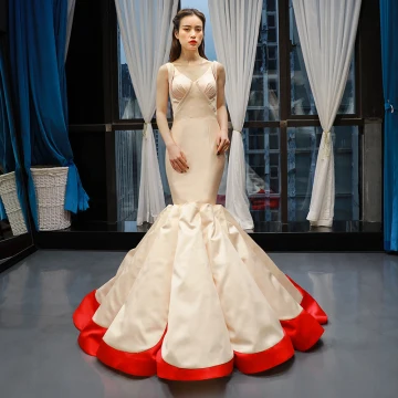 Two Tone Champagne Red Satin Red Carpet Evening Dresses 2023 Trumpet Mermaid V Neck Sleeveless Sweep Train Ruffle Backless Formal Dresses
