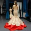 Deux tons Champagne Rouge Satin Tapis rouge Robe De Soirée 2023 Trompette / Sirène V-Cou Sans Manches Train De Balayage Volants Dos Nu Robe De Ceremonie