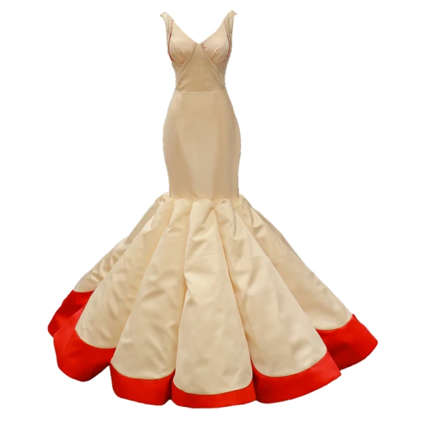 Deux tons Champagne Rouge Satin Tapis rouge Robe De Soirée 2023 Trompette / Sirène V-Cou Sans Manches Train De Balayage Volants Dos Nu Robe De Ceremonie