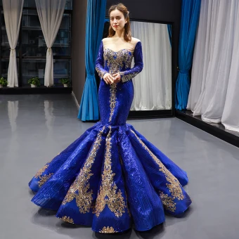 Scintillantes Bleu Roi Détachable Manches Longues Transparentes Robe De Soirée 2023 Trompette Sirène Encolure Carrée Doré Appliques Paillettes Train De Balayage Volants Robe De Ceremonie