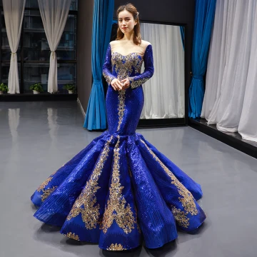 Scintillantes Bleu Roi Détachable Manches Longues Transparentes Robe De Soirée 2023 Trompette Sirène Encolure Carrée Doré Appliques Paillettes Train De Balayage Volants Robe De Ceremonie