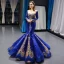 Scintillantes Bleu Roi Détachable Manches Longues Transparentes Robe De Soirée 2023 Trompette / Sirène Encolure Carrée Doré Appliques Paillettes Train De Balayage Volants Robe De Ceremonie