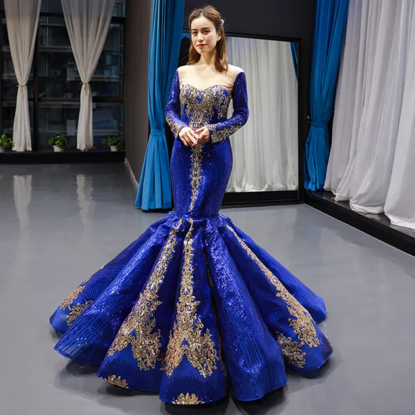 Sparkly Royal Blue Detachable Long Sleeve See-through Evening Dresses  2023 Trumpet / Mermaid Square Neckline Gold Appliques Sequins Sweep Train Ruffle Formal Dresses