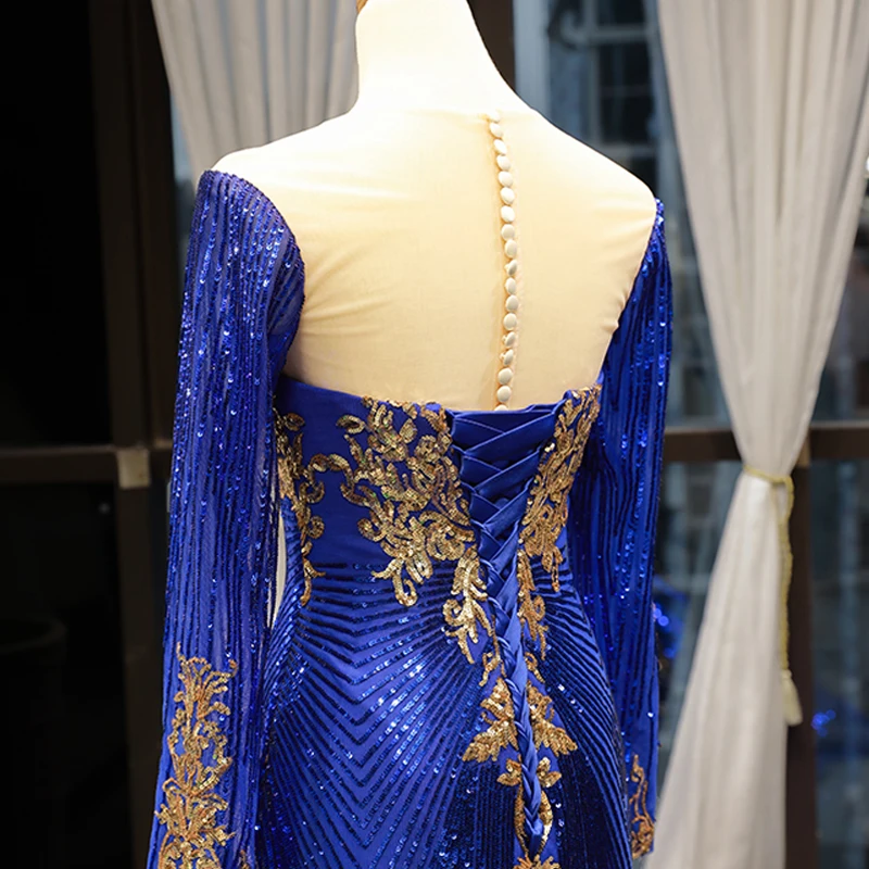 green emerald velvet dress Gold Blue Muslim Wedding Dress Long Sleeve Ball Gown 67026 high neck –  Viniodress main image 0