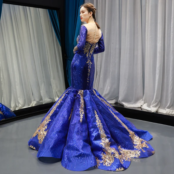 royal blue and gold long sleeve dress Ball Gown Long Sleeves Sequin Embroidery Dresses
