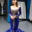 Scintillantes Bleu Roi Détachable Manches Longues Transparentes Robe De Soirée 2023 Trompette / Sirène Encolure Carrée Doré Appliques Paillettes Train De Balayage Volants Robe De Ceremonie