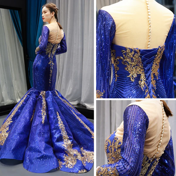 Scintillantes Bleu Roi Détachable Manches Longues Transparentes Robe De Soirée 2023 Trompette / Sirène Encolure Carrée Doré Appliques Paillettes Train De Balayage Volants Robe De Ceremonie