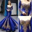 Scintillantes Bleu Roi Détachable Manches Longues Transparentes Robe De Soirée 2023 Trompette / Sirène Encolure Carrée Doré Appliques Paillettes Train De Balayage Volants Robe De Ceremonie