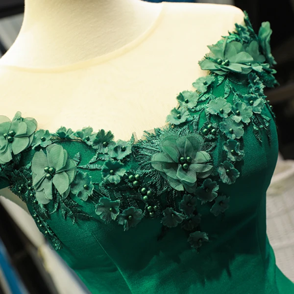Luxury / Gorgeous Dark Green Satin Red Carpet Evening Dresses  2023 Trumpet / Mermaid See-through Scoop Neck Short Sleeve Appliques Flower Beading Chapel Train Ruffle Formal Dresses