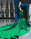 Luxury / Gorgeous Dark Green Satin Red Carpet Evening Dresses  2023 Trumpet / Mermaid See-through Scoop Neck Short Sleeve Appliques Flower Beading Chapel Train Ruffle Formal Dresses