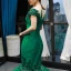 Luxury / Gorgeous Dark Green Satin Red Carpet Evening Dresses  2023 Trumpet / Mermaid See-through Scoop Neck Short Sleeve Appliques Flower Beading Chapel Train Ruffle Formal Dresses