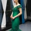 Luxury / Gorgeous Dark Green Satin Red Carpet Evening Dresses  2023 Trumpet / Mermaid See-through Scoop Neck Short Sleeve Appliques Flower Beading Chapel Train Ruffle Formal Dresses