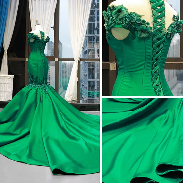 Luxury / Gorgeous Dark Green Satin Red Carpet Evening Dresses  2023 Trumpet / Mermaid See-through Scoop Neck Short Sleeve Appliques Flower Beading Chapel Train Ruffle Formal Dresses