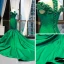 Luxury / Gorgeous Dark Green Satin Red Carpet Evening Dresses  2023 Trumpet / Mermaid See-through Scoop Neck Short Sleeve Appliques Flower Beading Chapel Train Ruffle Formal Dresses