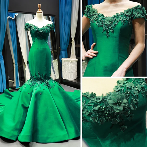 Luxury / Gorgeous Dark Green Satin Red Carpet Evening Dresses  2023 Trumpet / Mermaid See-through Scoop Neck Short Sleeve Appliques Flower Beading Chapel Train Ruffle Formal Dresses