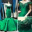 Luxury / Gorgeous Dark Green Satin Red Carpet Evening Dresses  2023 Trumpet / Mermaid See-through Scoop Neck Short Sleeve Appliques Flower Beading Chapel Train Ruffle Formal Dresses