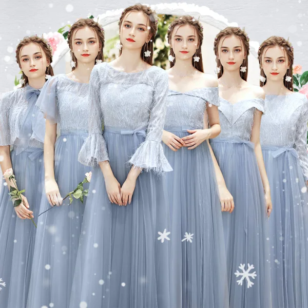 Hermosa Un Hombro Gasa Largo Vestido De Dama De Honor Azul Cielo Tallas Grandes