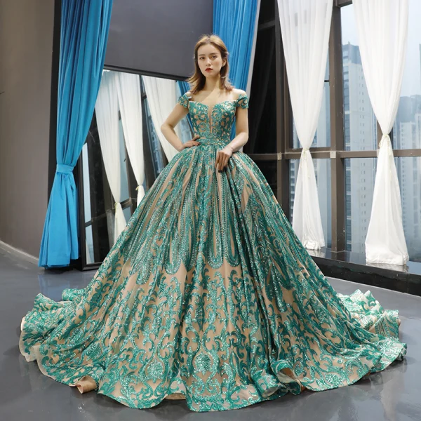 Luxury Gorgeous Champagne Jade Green Prom Dresses 2023 Ball Gown Off-The-Shoulder Short