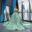 Luxury / Gorgeous Champagne Jade Green Prom Dresses 2023 Ball Gown Off-The-Shoulder Short Sleeve Appliques Sequins Court Train Ruffle Backless Formal Dresses