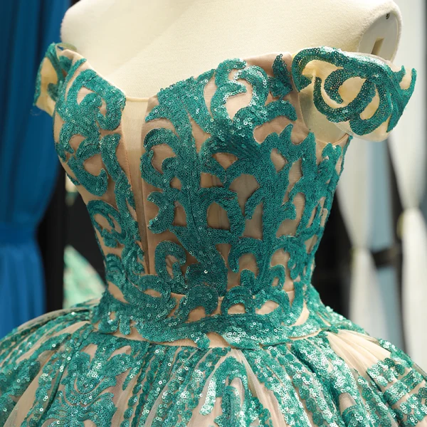 Luxury / Gorgeous Champagne Jade Green Prom Dresses 2023 Ball Gown Off-The-Shoulder Short Sleeve Appliques Sequins Court Train Ruffle Backless Formal Dresses