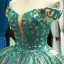 Luxury / Gorgeous Champagne Jade Green Prom Dresses 2023 Ball Gown Off-The-Shoulder Short Sleeve Appliques Sequins Court Train Ruffle Backless Formal Dresses