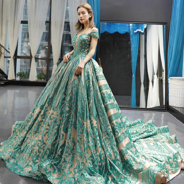 Luxury / Gorgeous Champagne Jade Green Prom Dresses 2023 Ball Gown Off-The-Shoulder Short Sleeve Appliques Sequins Court Train Ruffle Backless Formal Dresses