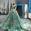 Luxury / Gorgeous Champagne Jade Green Prom Dresses 2023 Ball Gown Off-The-Shoulder Short Sleeve Appliques Sequins Court Train Ruffle Backless Formal Dresses