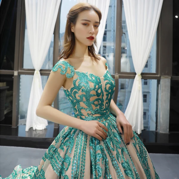 Luxury / Gorgeous Champagne Jade Green Prom Dresses 2023 Ball Gown Off-The-Shoulder Short Sleeve Appliques Sequins Court Train Ruffle Backless Formal Dresses